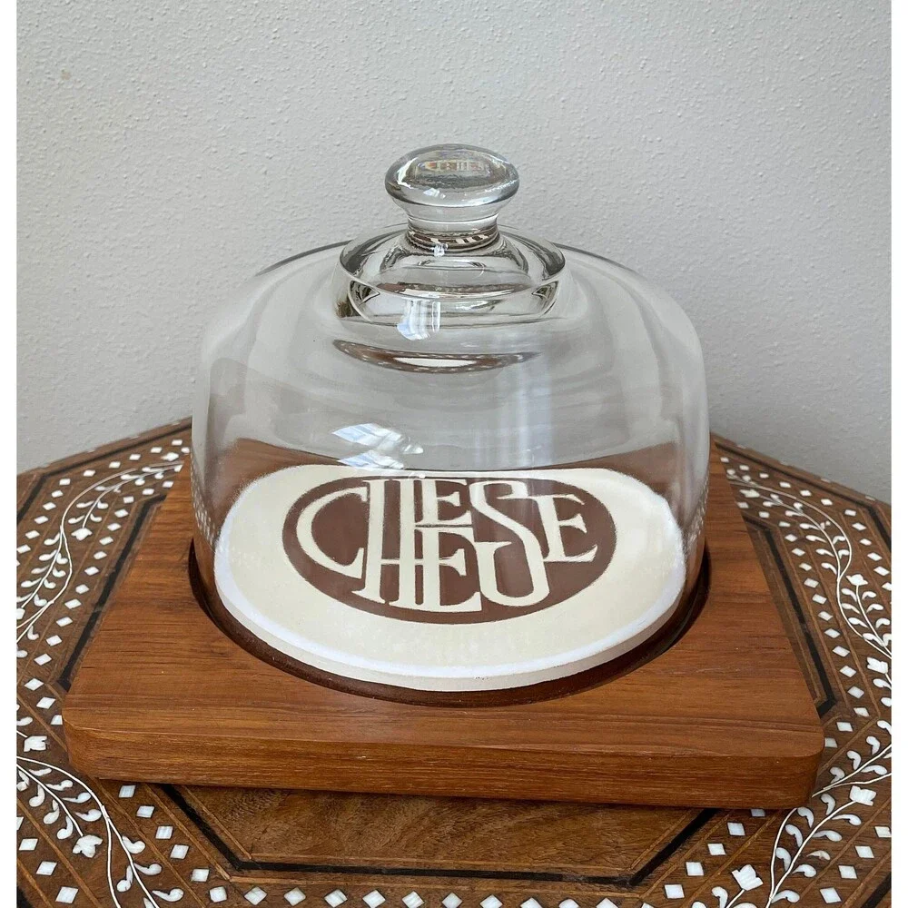 Vintage Teak Wood Ceramic Cheese Board Tray With Cloche Heavy Glass Dome Lid Tha